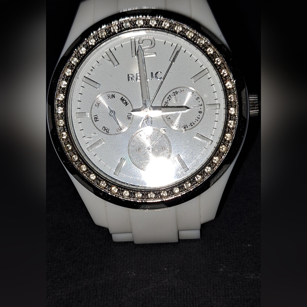 RELIC Women’s  Day Date Watch White Case Dial & Bracelet Diamond Bezel